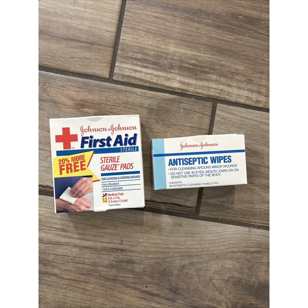 Vintage Johnson Johnson first Aid Supplies Gauze Pads Antiseptic Wipes Empty Box